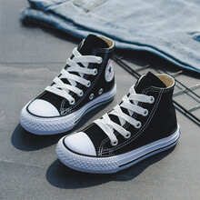 童鞋儿童帆布鞋男童女童高帮布鞋春秋中小童宝宝板鞋软底小白鞋幼儿园系带休闲鞋1-12岁小孩鞋子 经典黑 36码/内长21.5cm
