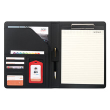 朗捷 A4多功能文件夹资料夹皮质经理夹签约本商务汽车房产保险销售夹垫板文件夹板定制logo 黑色无计算器