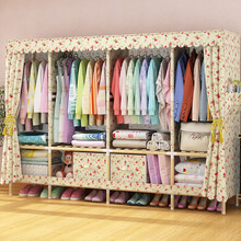 皇冠KAING 简易衣柜双人布艺实木大号布衣柜4挂加粗组装出租房用挂衣橱 蔷薇