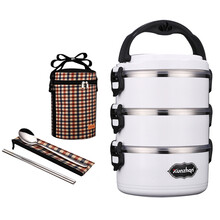 德国Kunzhan 304不锈钢保温饭盒多层保温桶学生便当盒分格饭盒可加热饭盒多层密封防溢提锅成人快 （白色3层）送餐具+保温袋