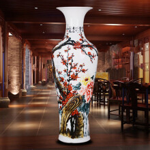 示优 简约现代 景德镇陶瓷花瓶 落地客厅白色手绘梅花大号瓷瓶装饰摆件 富贵迎春 1.4米（单个）+底座