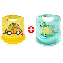 宝宝食饭兜防水儿童围嘴婴儿吃饭围兜小孩口水幼儿喂饭兜兜硅胶仿便携式饭兜 黄色汽车+蓝色小象