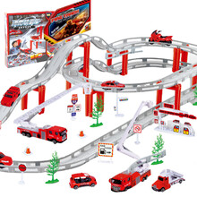 儿童轨道玩具合金电动城市轨道车消防工程车汽车模型飞机场警察儿童玩具小火车头套装赛车 中号轨道车合金套装-消防系列53PCS