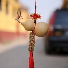 葫仙中国结带龙头天然葫芦挂件铜钱纳福家居风水五帝钱葫芦门对门 10-12厘米带龙头红金结五帝钱挂件