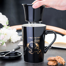 布丁瓷艺 创意生肖陶瓷杯 个性带茶漏水杯 带盖勺咖啡杯办公室茶水分离泡茶杯子 忠实的狗（黑）