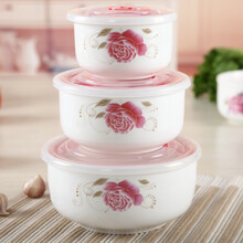 正兴阳 家用保鲜碗三件套保鲜盒套装陶瓷带盖饭盒微波炉适用餐具大号泡面碗便当盒陶瓷碗小米碗 金枝绿叶