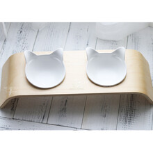 小野豹 猫耳黑白猫碗水碗食碗陶瓷猫碗双碗食盆饭盆可爱饭碗猫咪用品 一对白碗+曲木碗架 M 中型