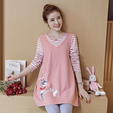 敏潮格伦孕妇装上衣中长款长袖T恤纯色棉套装春秋季宽松时尚潮妈春夏潮 粉色上衣 L
