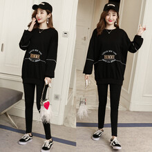 郁莎 孕妇套装2021新款休闲时尚潮妈运动上衣托腹裤两件套孕妇装秋装 黑色 M