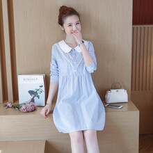 锦尘 孕妇衬衫中长款宽松休闲孕妇上衣2021夏装新款条纹长袖孕妇连衣裙韩版潮妈孕妇装 蓝色 XL