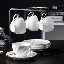 一淘一陶欧式陶瓷杯咖啡杯套装网红INS北欧创意简约家用咖啡杯子带碟不锈钢勺带铁架破损补发 JD-纯白罗纹四杯碟金勺配C架