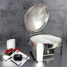 德勒 液压自助餐炉陶瓷份数盆圆形翻盖不锈钢电加热早餐保温布菲炉酒店餐具 简易式液压圆形电加热陶瓷圆直双格