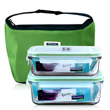 Glasslock韩国进口钢化玻璃保鲜盒耐热微波炉饭盒套装 两件套赠餐包（400ml+695ml)/GL12-B