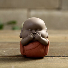 祥业 茶宠三不小和尚摆件紫砂小沙弥可爱佛彩砂陶不说不听不看可养茶道茶玩 不说