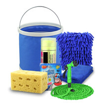 宇点米 洗车套装洗车工具清洁洗车用品 加厚毛巾鹿皮巾汽车掸子折叠水桶 拖把 擦刷车高压水抢枪配件 6件套+伸缩高压水枪（注水后伸长15米）