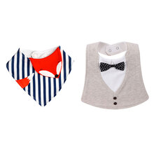 婴儿围嘴宝宝口水巾绅士领结围嘴婴儿可调节饭兜卡通三角巾 狐狸+灰色