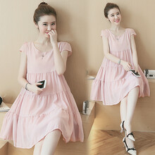 韵暖香 潮妈孕妇装春夏季韩版2021新款雪纺宽松中长款连衣裙短袖孕妇裙夏装上衣 粉色 XXL