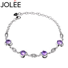 JOLEE 手链 天然紫水晶S925银花朵手镯 彩色宝石时尚简约饰品送女生礼物