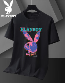 花花公子（PLAYBOY）短袖t恤男时尚流行潮流兔头印花圆领薄款上衣男女同款 黑色 XL 