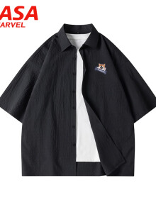 NASA MARVEL短袖衬衫男翻领半袖上衣衬衣男士夏季休闲服外套时尚 黑色 2XL