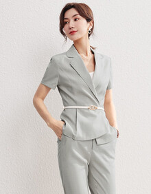 艾尚臣职业装女装套装气质女神范高端总裁套裙夏季短袖OL前台工作装女 灰色西装+西裤 L