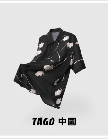 TAGD中國 港风玫瑰满印短袖衬衫夏季新款男女小众设计感宽松休闲衬衣 黑色 M