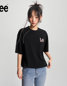 Lee商场同款24春夏新品舒适绣花Logo男女同款短袖T恤LUT0077343RX 黑色（尺码偏大，拍小一码） XL