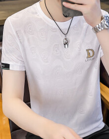 NDGK男士短袖T恤轻奢潮牌2024夏季新款时尚圆领条纹字母薄款透气T恤男 白色 XL