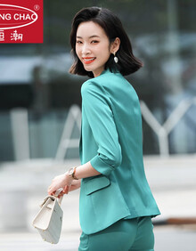 恒潮轻奢高端职业装西装套装女气质女神范天醋酸缎面时尚气质小西服 青色(西装) S