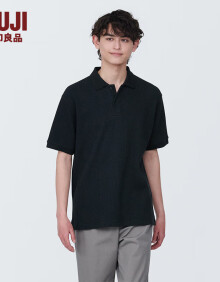 无印良品（MUJI）男式 华夫格编织 短袖POLO衫 男士 t恤 AB1MNA4S 黑色 L 175/100A