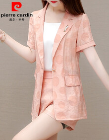 皮尔卡丹品牌女装时尚小西装套装女神范气质2021新款夏天休闲小西装短裤轻熟风职业三件套针织 橘色 M