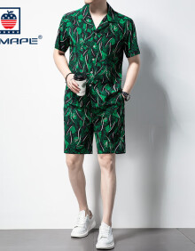 AEMAPE品牌桑蚕丝高端短袖衬衫男夏季短裤透气印花丝滑夏威夷度假套装 绿色椰树 L
