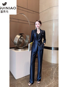 富贵鸟感炸街黑色西装套装女夏季2021年新款职业时尚醋酸气质两 藏蓝色 L