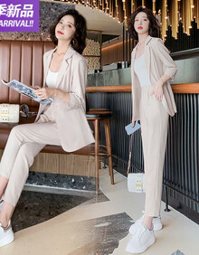 职业西服套装女夏2021新款休闲时尚气质女神范网红西装洋气两件装 米白色 S