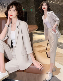 SLLAVIF萨拉维夫品牌女装小西装女2021夏季新款减龄时尚气质职业装洋气休闲网红西服套装 米白色 S