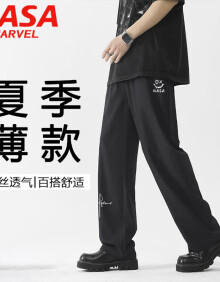 NASA MARVEL休闲裤男夏季裤子潮流直筒宽松阔腿西装长裤 黑色 L
