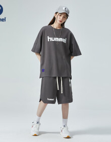 Hummel2024夏季新款短袖t恤套装男女情侣装休闲运动衣服潮 铁灰 3XL 