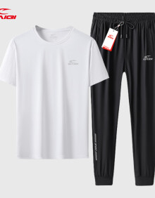 赛琪冰丝运动套装男夏季速干短袖上衣长裤爸爸男士2024新款大码两件套 白色（束脚） XL