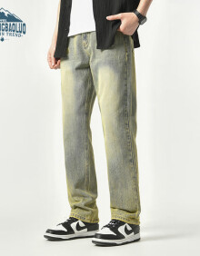顶峰保罗（Dingfengbaoluo）美式牛仔裤春夏季宽松透气直筒喇叭休闲长裤子DK33002泥黄L