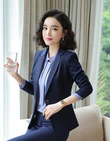 特洛曼西装女套装商务正装大码春秋纯色修身职业装女装短款女士西服两件套上班工装工作服YR6009-033