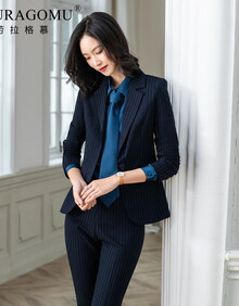 劳拉格慕 西装套装女2021新款修身条纹西服职场面试通勤职业装 蓝条纹（蓝条西装+蓝条裤） M