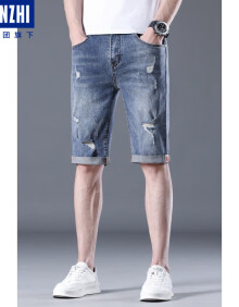 棉致2024年夏季短裤新款男士薄款破洞牛仔短裤休闲潮流时尚青少年 蓝色 28