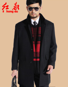 红都 毛呢大衣男中长款羊毛加厚外套立领带毛领 黑蓝色HYM3351-10 175/92A
