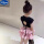 248#黑色抽绳镂空T+粉色短裙套装