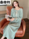 浅绿色WX208灰条蝴蝶结长/袖裙
