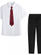 短袖衬衫+黑长裤+酒红领带