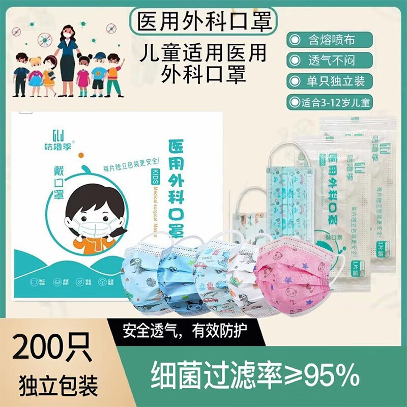 【到手200只独立】咕噜季 儿童一次性医用外科口罩 200只独立装（颜色随机）