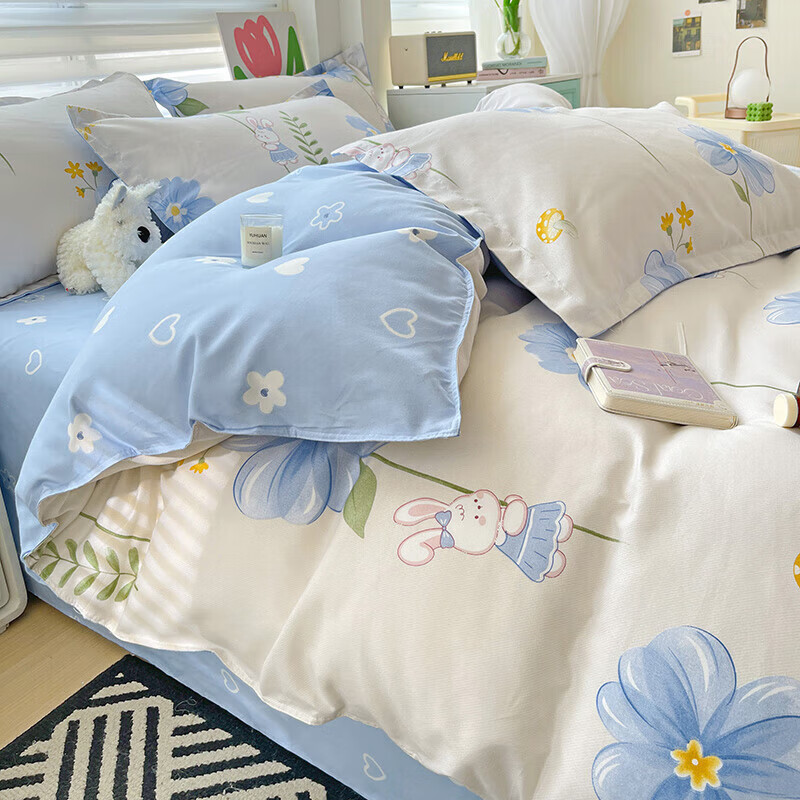 【69.9包邮】软贝 磨毛印花卡通床品套件 白月光 2.0m床单款四件套(被套200*230cm）