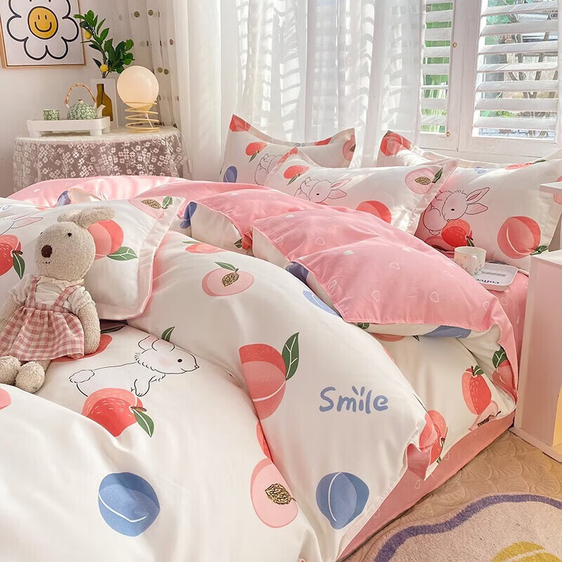 【69.9包邮】软贝 磨毛印花卡通床品套件 蜜桃兔 2.0m床单款四件套(被套200*230cm）