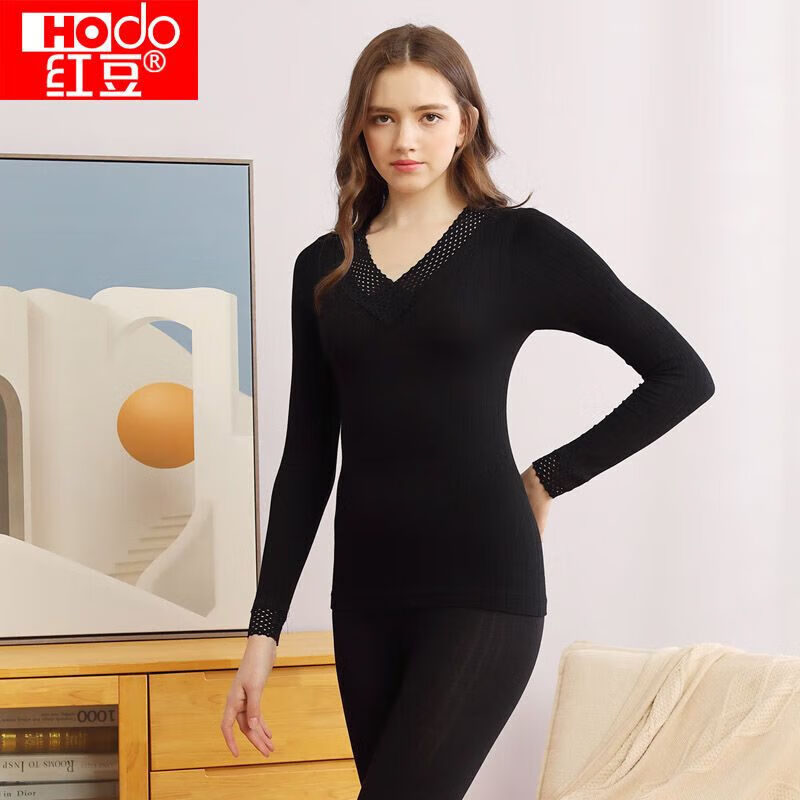 【官方旗舰店】红豆 镂空V领蕾丝边秋衣秋裤套装